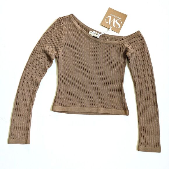 Seven Wonders Crop Knit Brown Sweater Size XS One Shoulder Long Sleeve Beachy - Picture 1 of 11